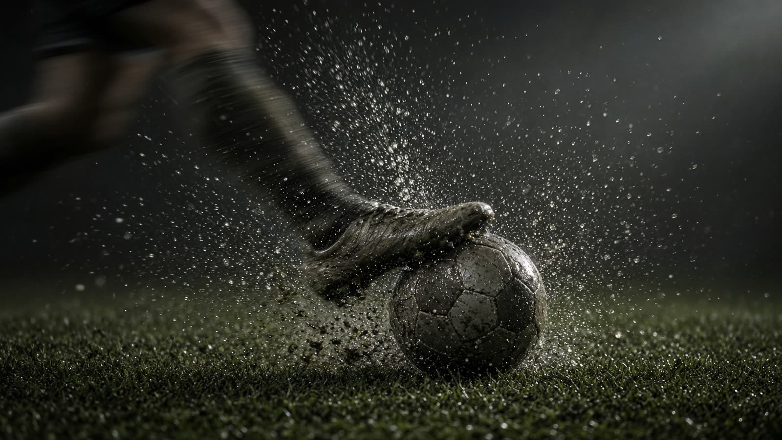 A boot striking a wet ball under floodlights