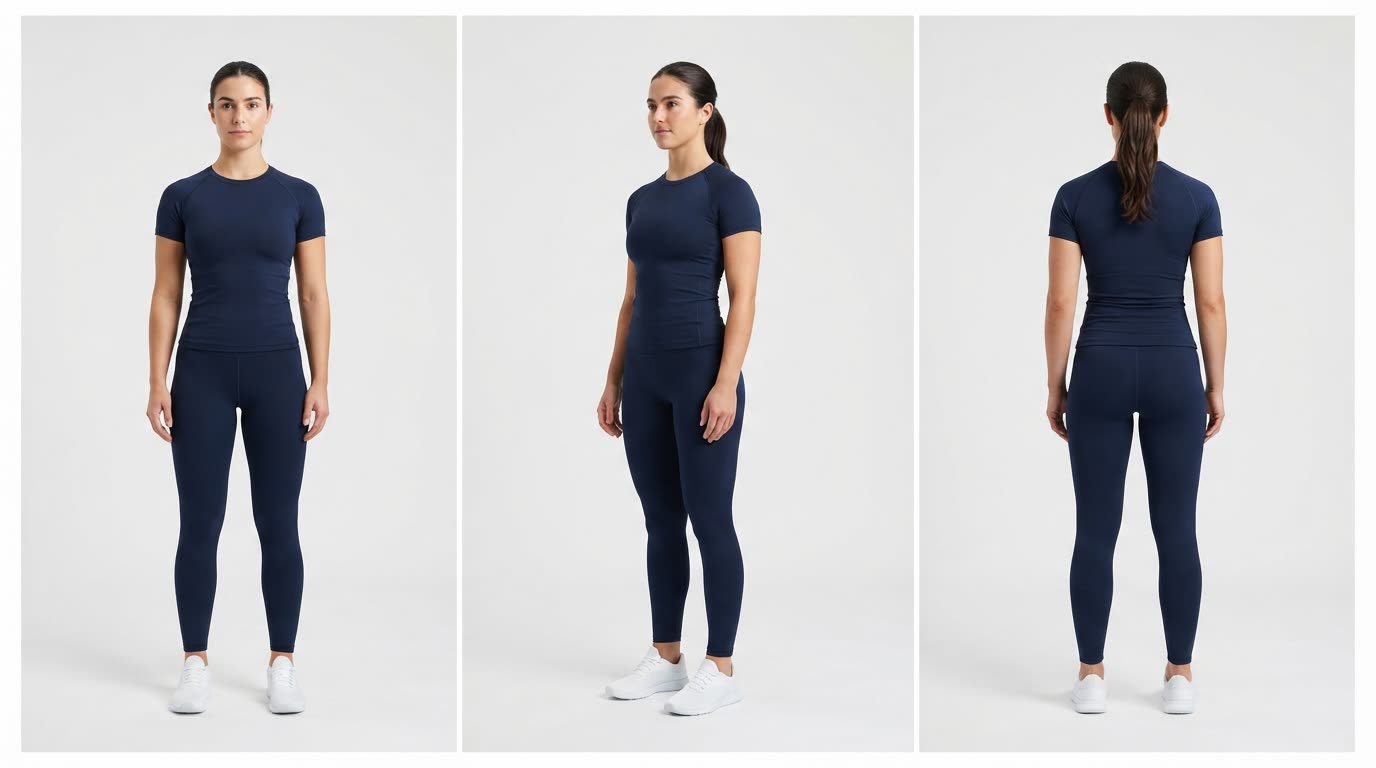 Front, three-quarter and back views of one fit study